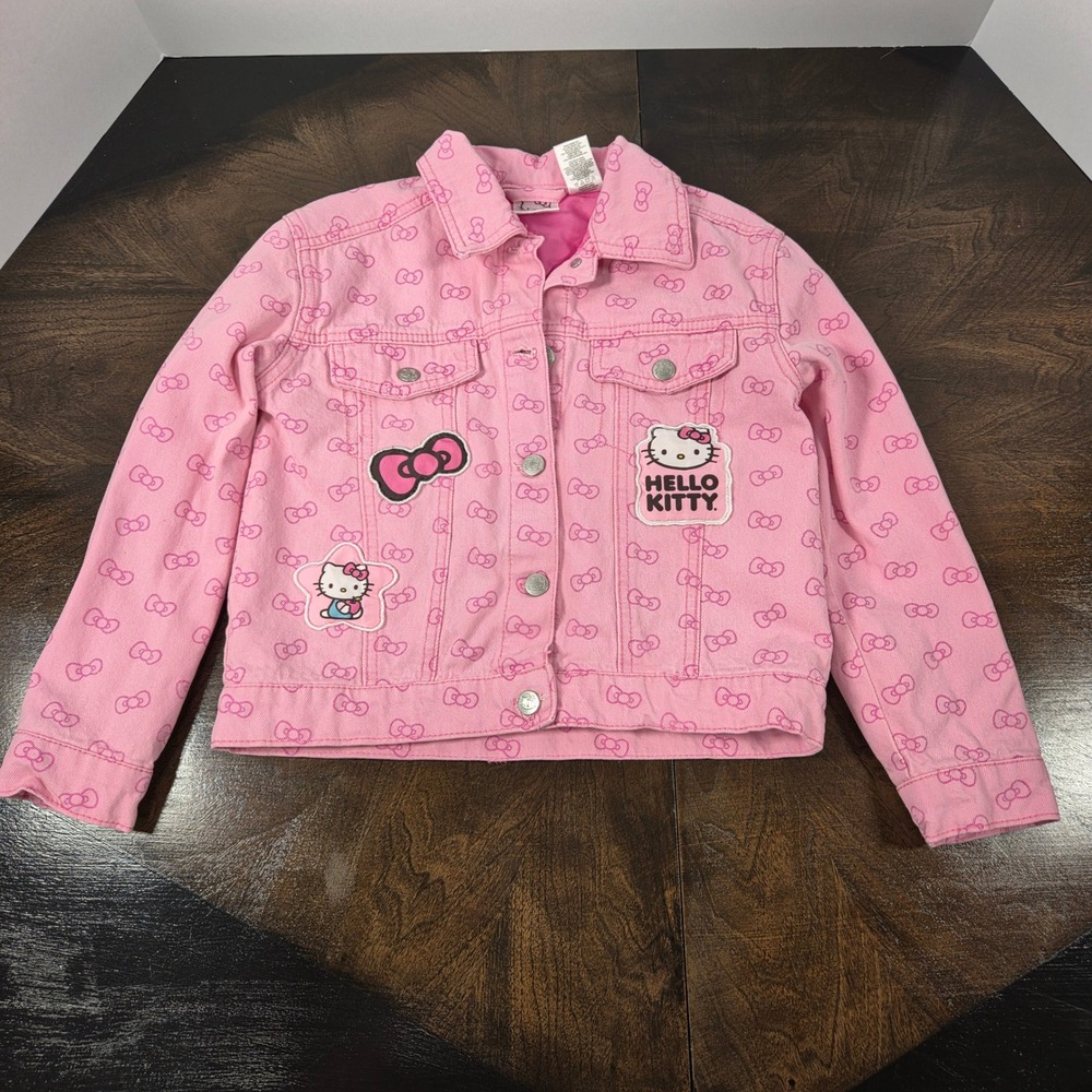 DreamWave Girl's Hello Kitty Pink Denim Jacket Kids Size 5/6 Patches Bow Print
